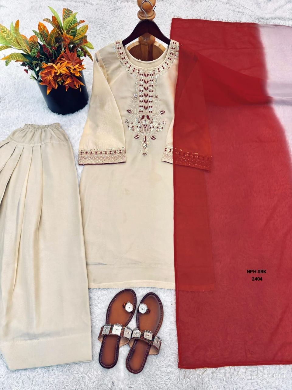 Ivory Embroidered Punjabi Salwar Suit with Maroon Dupatta
